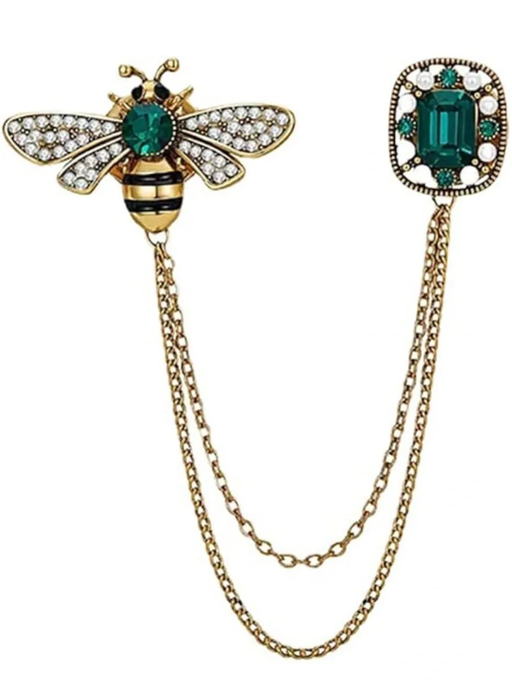 Gold Bee Chain Brooch with Emerald Green